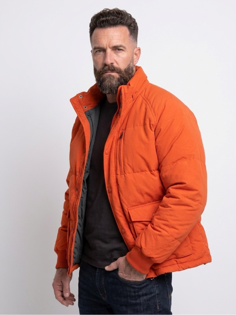 Roots Men's Orange Puffer Jacket with High Collar